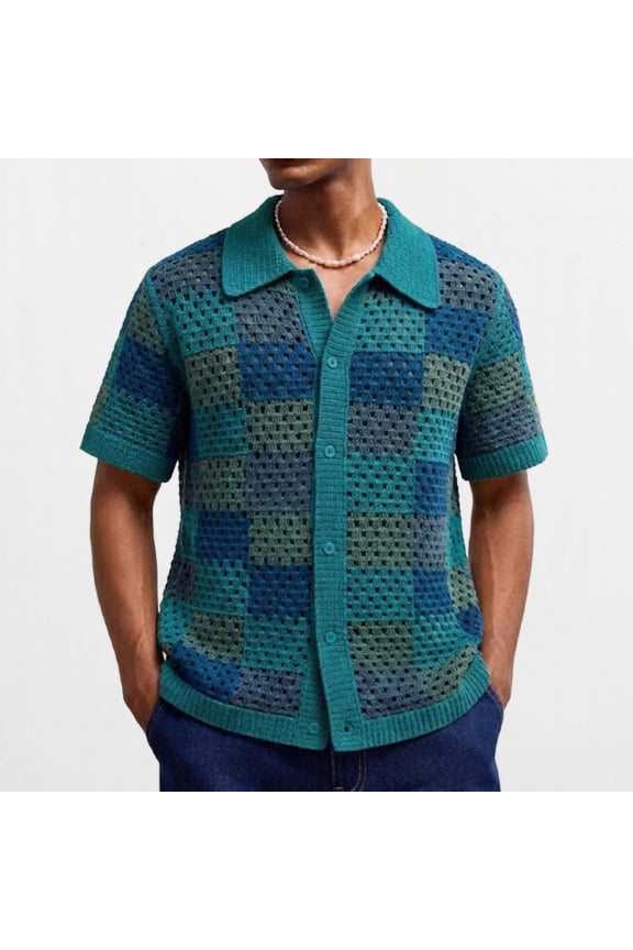 Men's Crochet Shirt Vintage Short Sleeve Breathable Openwork Casual Beach Shirts