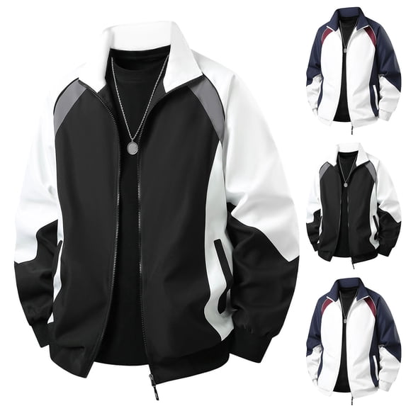 RongHuan Men's Fashion Jacket Big and Tall Zip Up Color Block Windbreaker Jackets Fall Winter Coats Long Sleeve Streetwear