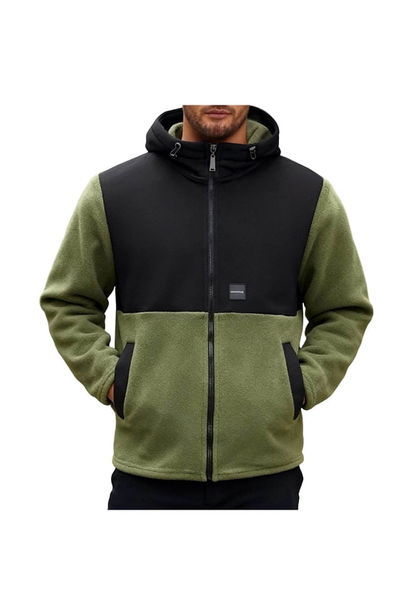 Men's Fleece Jacket Classic Fit Full Zip Outwear Casual Soft Warm Jackets Color Block Long Sleeve Outerwear