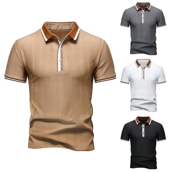 RongHuan Men's Knit Shirts Regular Fit Lightweight Business Casual Stretch Textured Collared Short Sleeve Tops