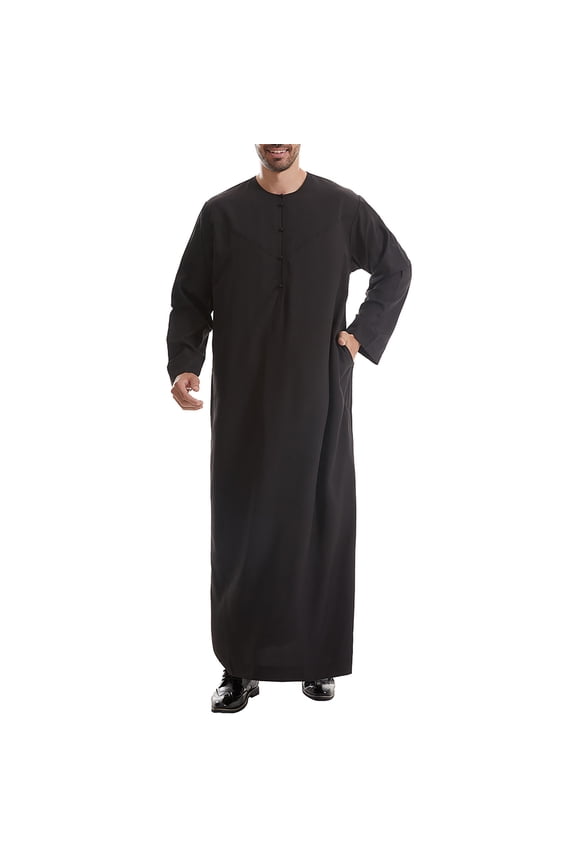 Men's Muslim Robe Lightweight Crew Neck Gown Casual Long Sleeve Pajama Shirt Soild Color Nightshirt with Pocket