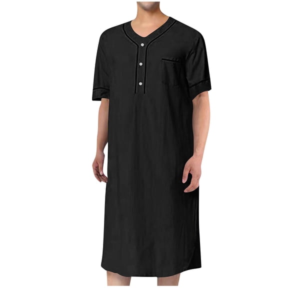 RongHuan Men's Nightshirt Robe Short Sleeve Soft Nightgown Lightweight Cotton Night Shirt Knee Length Sleepwear