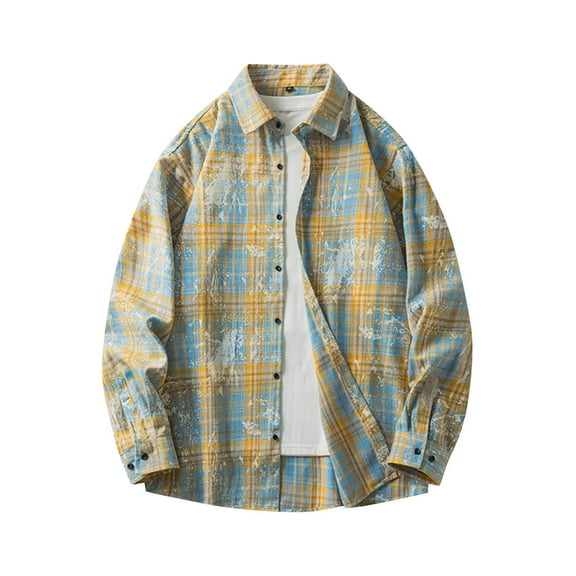 RongHuan Men's Plaid Shirts Casual Button Down Tops Distressed Lapel Long Sleeve Outwear Soft Comfy Cotton Shirt