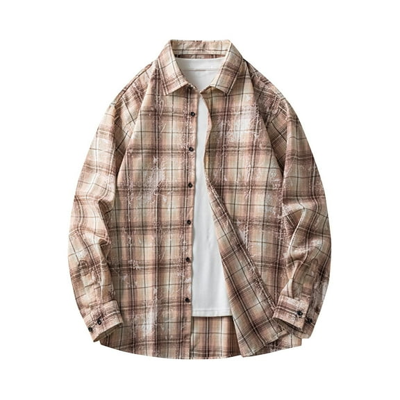 RongHuan Men's Plaid Shirts Casual Button Down Tops Distressed Lapel Long Sleeve Outwear Soft Comfy Cotton Shirt