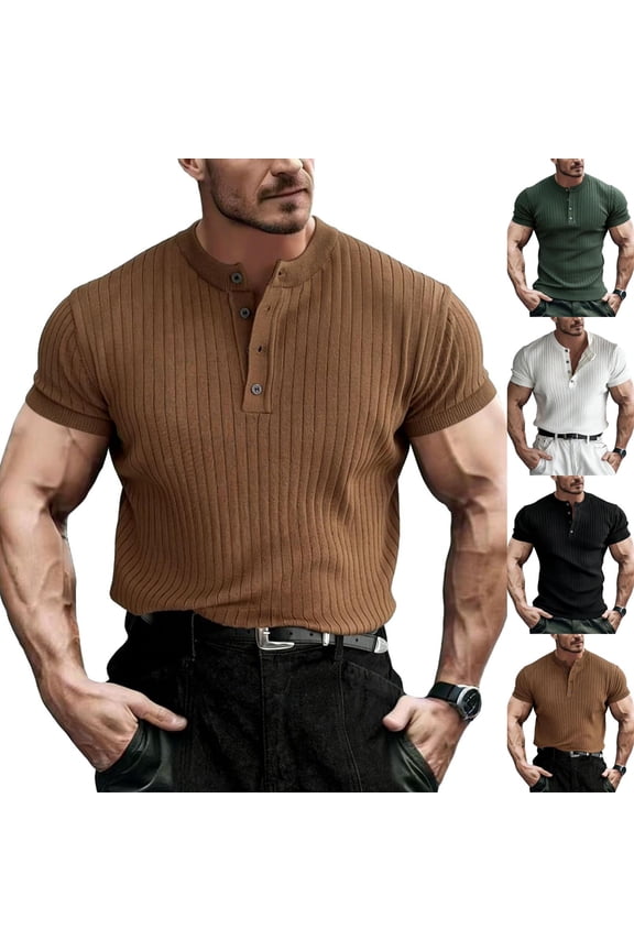 Men's Ribbed Henley Shirt Short Sleeve Slim Fit Muscle Shirt Fitted Cotton Casual Short Sleeve T-Shirt