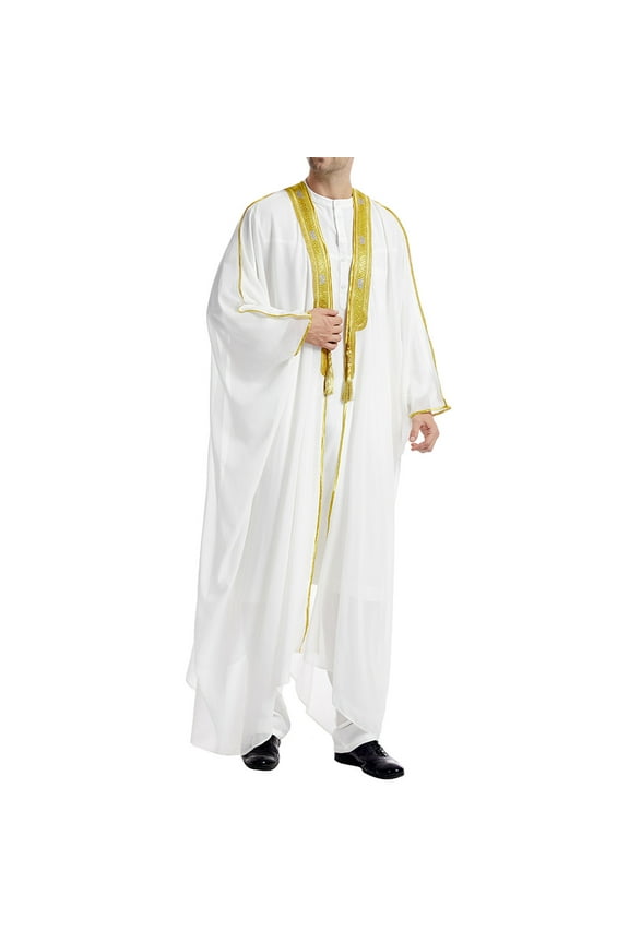 Men's Robe Muslim Embroidered Clothes Soild Color Dresses Long Sleeve Thobe Casual Formal Gown