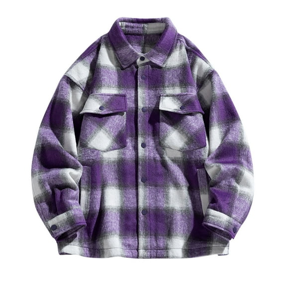 RongHuan Men's Sherpa Lined Flannel Shirt Jacket Long Sleeve Plaid Outwear Casual Button Down Shirts with Pockets Outdoor Lapel Outerwear