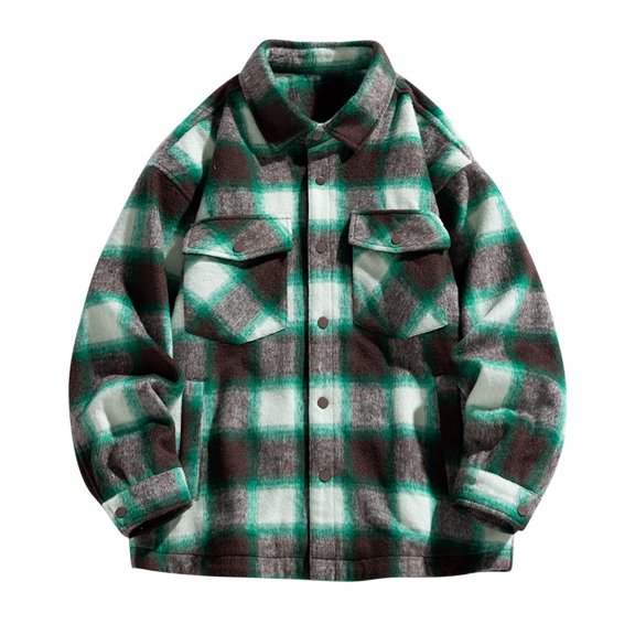 RongHuan Men's Sherpa Lined Flannel Shirt Jacket Long Sleeve Plaid Outwear Casual Button Down Shirts with Pockets Outdoor Lapel Outerwear