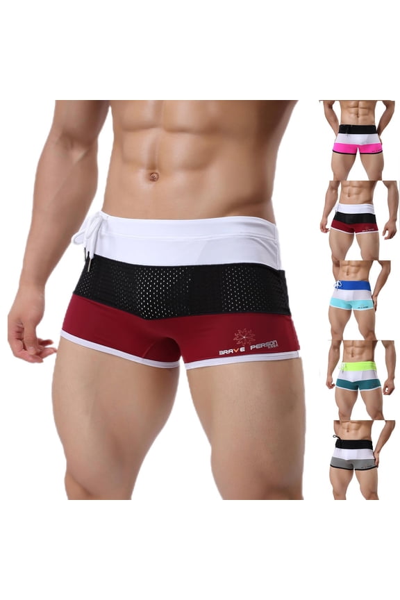 Men's Swim Brief Square Leg Swimwear Bathing Suits Fashion Color Block Swimming Shorts Casual Swim Trunks Red S