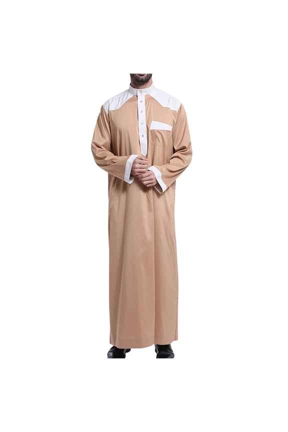 Men's Thobe Muslim Clothes Long Sleeve Islamic Robe Casual Round Collar Robes with Pocket