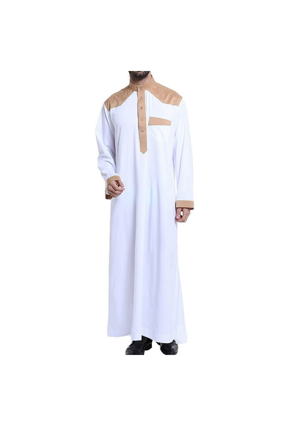 Men's Thobe Muslim Clothes Long Sleeve Islamic Robe Casual Round Collar Robes with Pocket