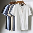 thumbnail image 1 of RongHuan Men's Vintage T-Shirt Big and Tall Cotton Linen V Neck Tees Lightweight Button Up Tops Short Sleeve Solid Beach Shirts, 1 of 4