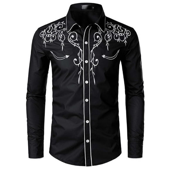 RongHuan Men's Western Cowboy Shirts Long Sleeve Embroidered Shirt Casual Button Down Shirts Trendy Part Weeding Tshirts