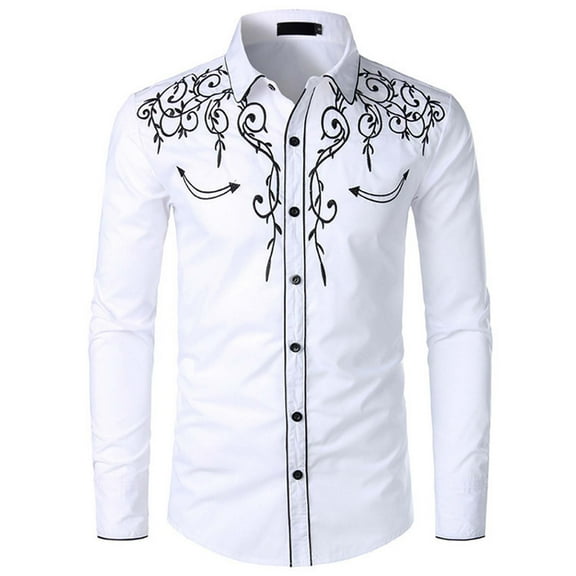 RongHuan Men's Western Cowboy Shirts Long Sleeve Embroidered Shirt Casual Button Down Shirts Trendy Part Weeding Tshirts