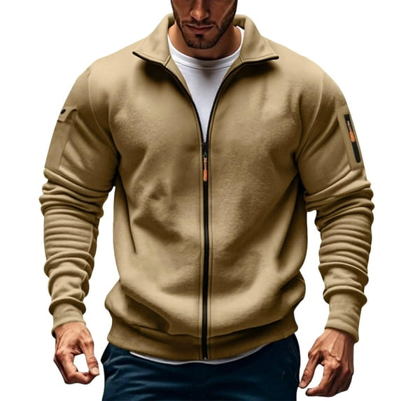 RongHuan Men's Zip Up Pullover Fleece Long Sleeve Sweatshirt Casual Mock Neck Jacket Soild Color Fall Winter Coat