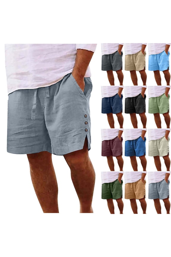 Mens Big and Tall Cotton Linen Shorts Straight Leg Elastic Waist Side Split Short Pant Breathable Summer Shorts for Sports
