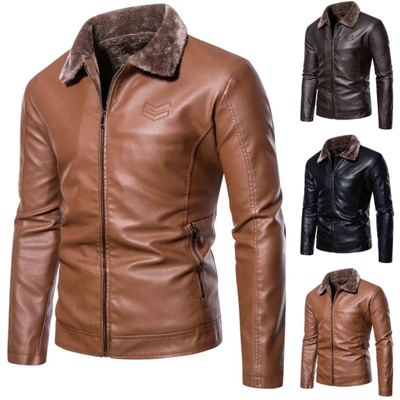RongHuan Mens Big and Tall Faux Leather Jacket Zip up Bomber Jackets with Faux Fur Collar Long Sleeve Outwear with Pockets