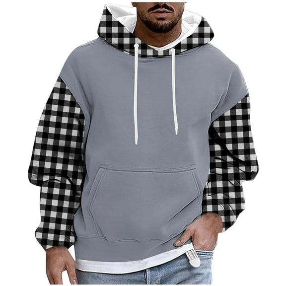 RongHuan Mens Big and Tall Plaid Hoodie Fleece Lined Sweatshirt with Drawstring Fashion Color Block Long Sleeve Pullover Casual Outdoor Hooded Tops
