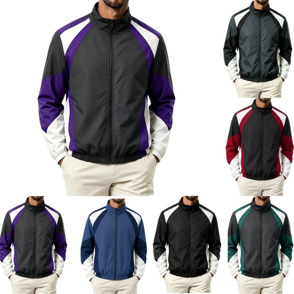 RongHuan Mens Color Block Track Jacket Zip Up Windbreaker Casual Stand Collar Coat Elastic Cuffs Outerwear Streetwear
