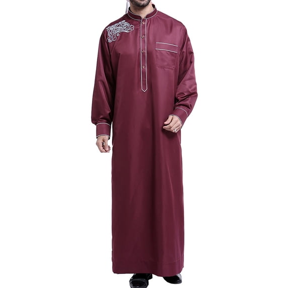 RongHuan Mens Cotton Kaftan Robe Long Sleeve Button Down Henley Shirts Casual Embroidery Gown Shirt with Pocket