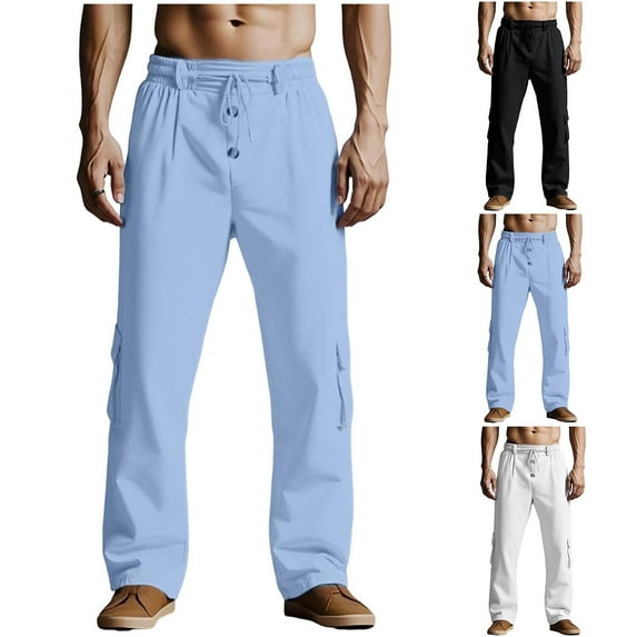 RongHuan Mens Cotton Linen Pants Loose Fit Summer Vacation Beach Pant Button Drawstring Yoga Trousers with Pockets
