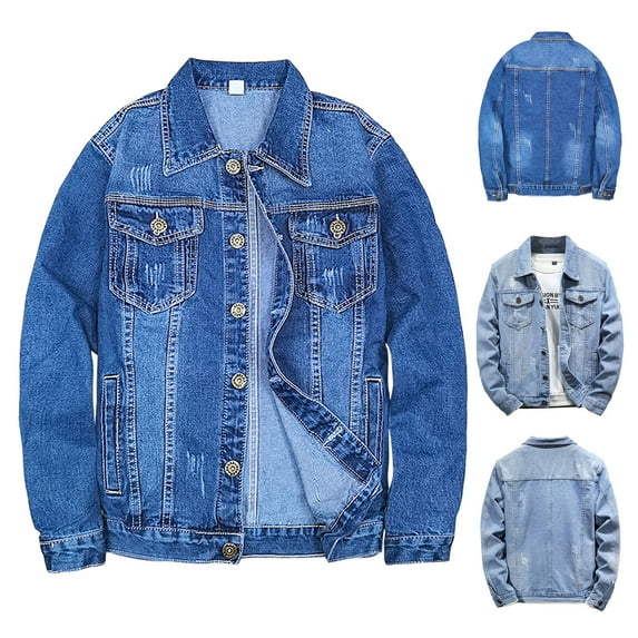 RongHuan Mens Denim Jacket Stylish Distressed Lapel Jeans Jackets Classic Fit Button Down Outwear Casual Long Sleeve Outerwear