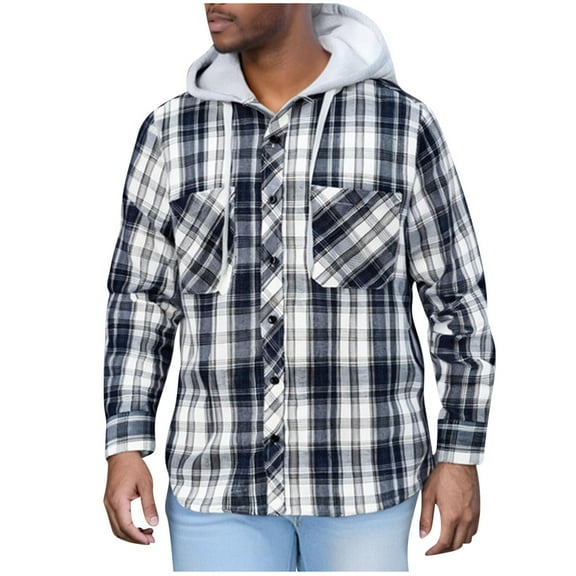 RongHuan Mens Flannel Jacket Lightweight Sherpa Fleece Lined Plaid Shirt Jackets Warm Button Up Winter Coats with Hood