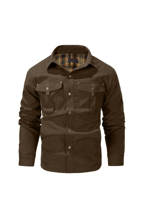 Mens Flannel Shirt Jacket Casual Lapel Cargo Shirts Vintage Button Down Jackets with Pocket Plaid Lined Long Sleeve Outwear