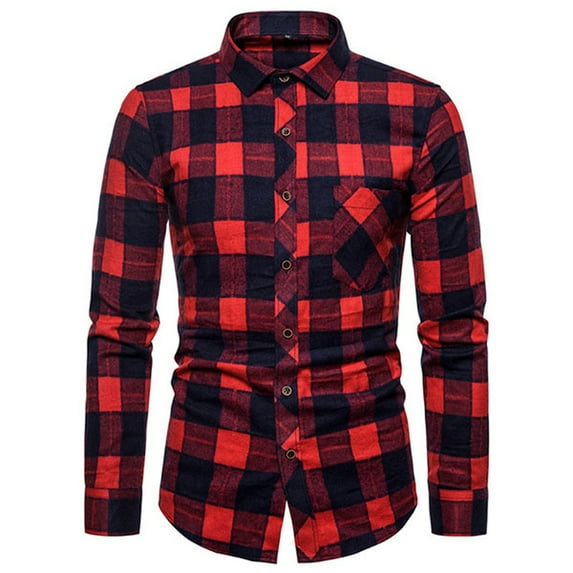 RongHuan Mens Flannel Shirts Casual Button Down T-Shirt Long Sleeve Vintage Plaid Work Shirt Slim Fit Work Tee Shirts with Pockets