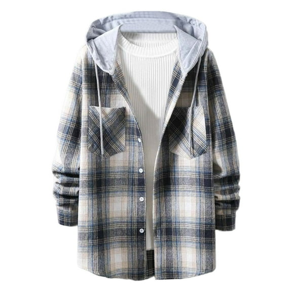 RongHuan Mens Flannel Shirts Long Sleeve Plaid Lightweight Hooded Shirt Jacket Casual Winter Drawstring Button Down Hoodie