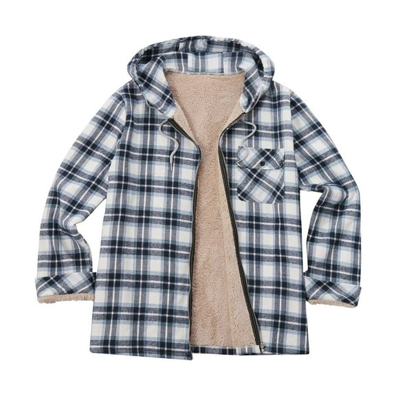 RongHuan Mens Fleece Plaid Jacket Full Zip Flannel Shirt with Hood Fall Winter Drawstring Warm Jackets Outdoor Long Sleeve Outwear