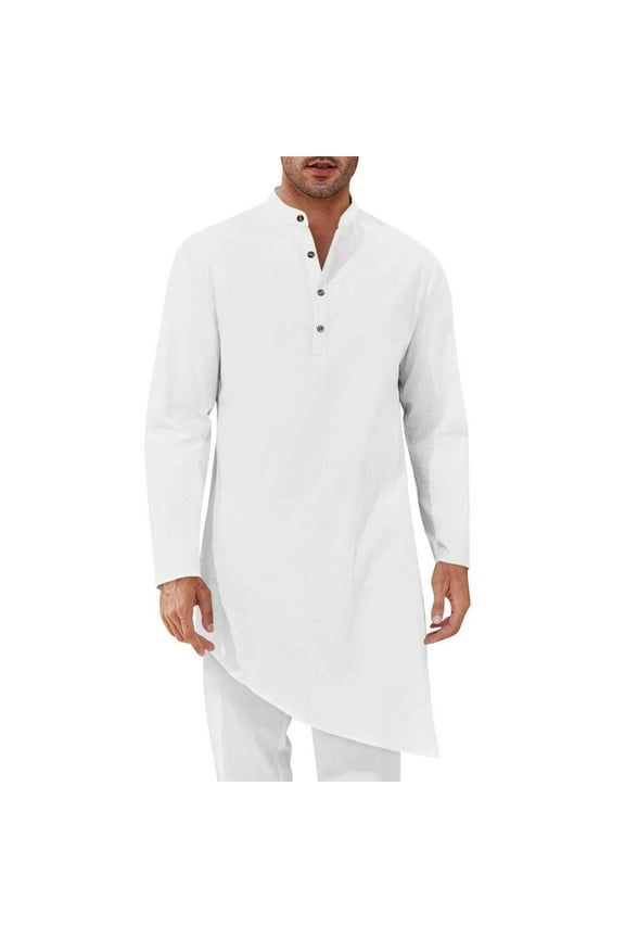Mens Kaftan Robe Stand Collar Linen Thobe Casual Long Sleeve Muslim Gown Soild Color Sleepshirt