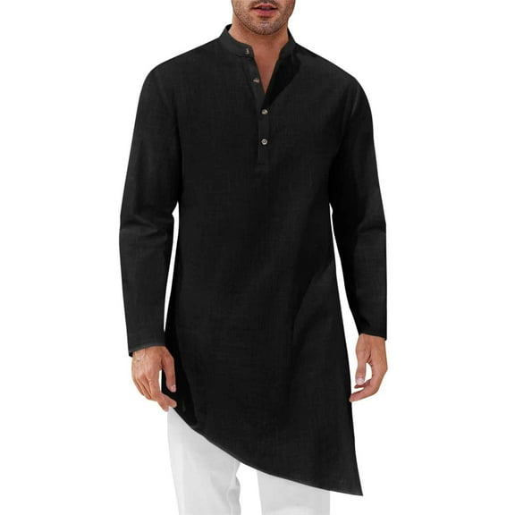 RongHuan Mens Kaftan Robe Stand Collar Linen Thobe Casual Long Sleeve Muslim Gown Soild Color Sleepshirt