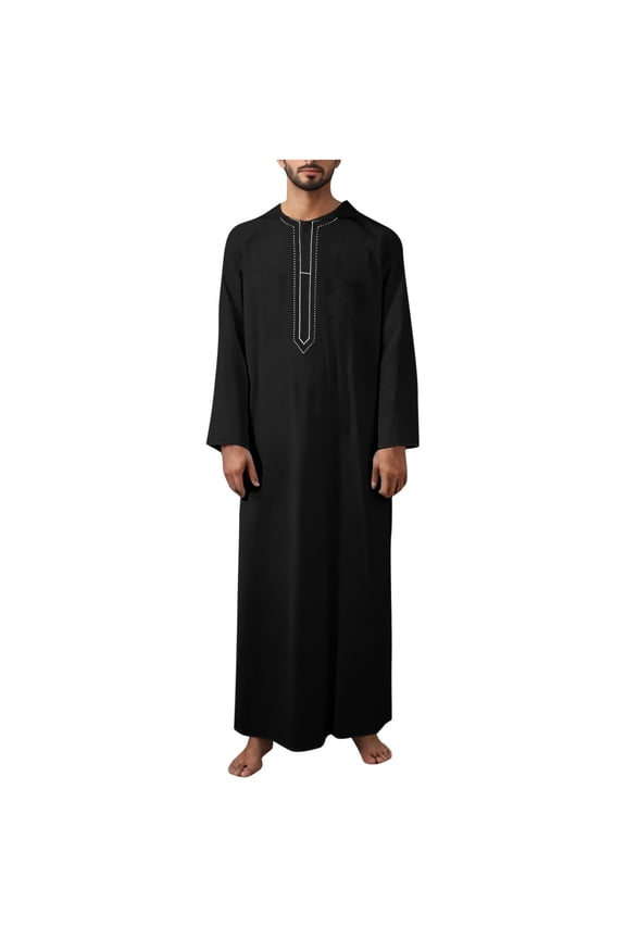 Mens Kaftan Thobe Crew Neck Long Sleeve Muslim Robe Embroidered Long Gown Thobe Robes for Beach