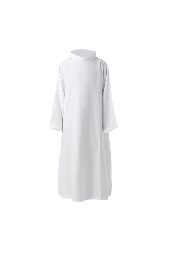 Mens Medieval Robe Vintage Round Neck Gown Lightweight Soild Color Robes Long Sleeve White Coat