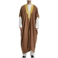 thumbnail image 1 of RongHuan Mens Muslim Robe Long Sleeve Cardigan Gown Color Block Islamic Robes Long Style Embroidered Standing Neck Clothes, 1 of 5