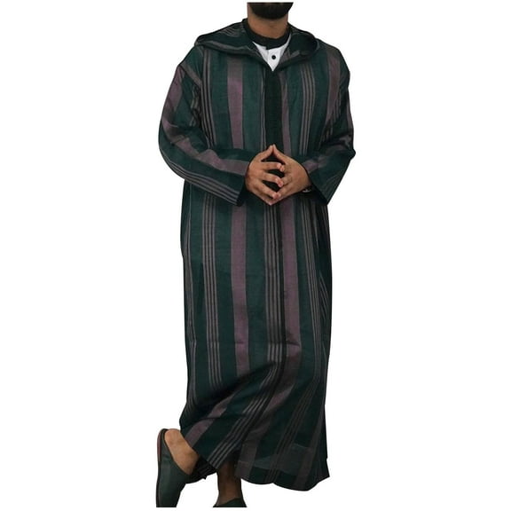 RongHuan Mens Striped Robe Color Block Muslim Clothes with Hood Lightweight Long Sleeve Pajama Shirt Casual Sleep Gowns