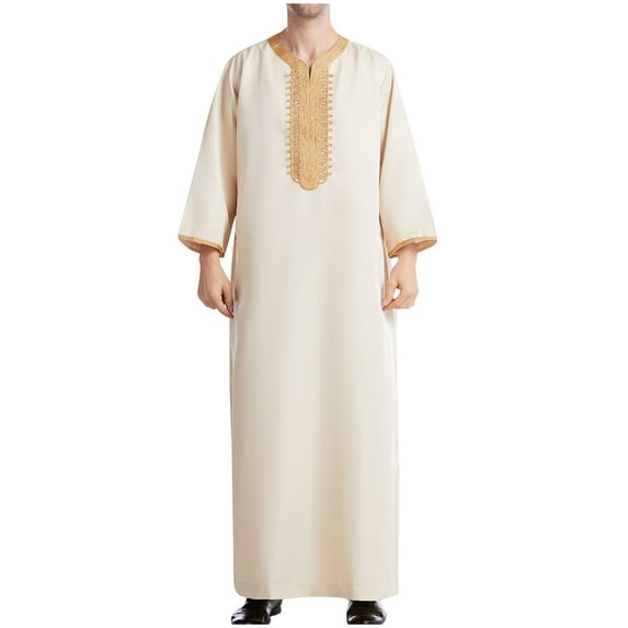 RongHuan Muslim Robe for Men Long Sleeve Cardigan Gown Color Block Islamic Robes Long Style Embroidered Standing Neck Clothes