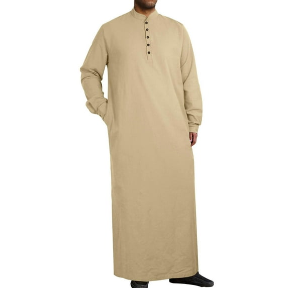 RongHuan Muslim Thobe for Men Button Up Long Sleeve Kaftan with Pockets Soild Color Stand Collar Long Gown