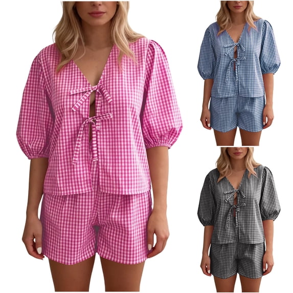 RongHuan Pajamas Set for Women Puff Sleeve Summer Sleepwear Matching Shorts Loose Nightwear Set Laceup Plaid Pajama