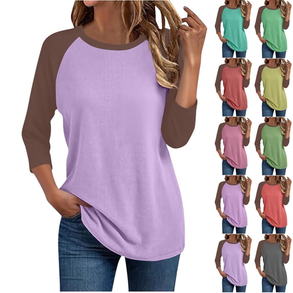 RongHuan Plus Size Baseball Shirts for Women Trendy Color Block 3/4 Sleeve Tops Casual Crew Neck Workout Tshirts