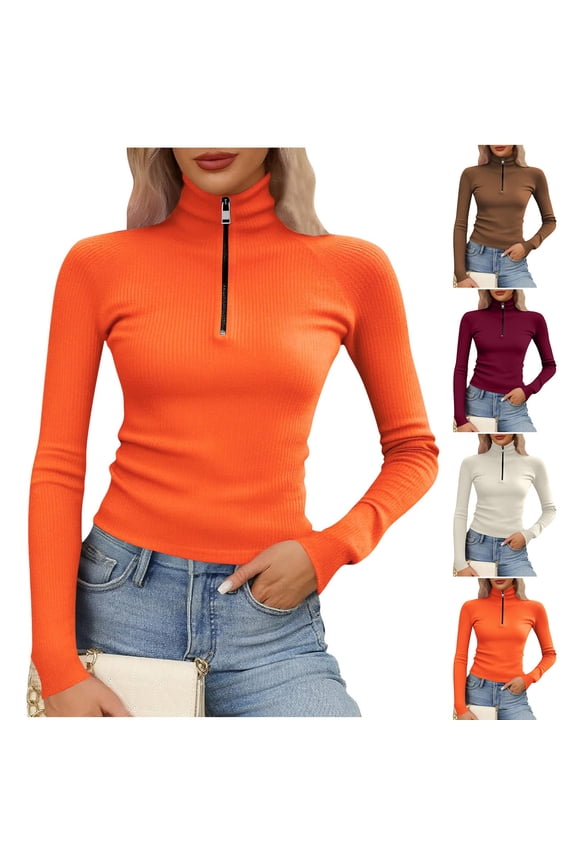 Plus Size Half Zip Pullover for Women Basic Ribbed Knit Turtleneck Tunic Tops Soft Tight Classic Long Sleeve Shirts