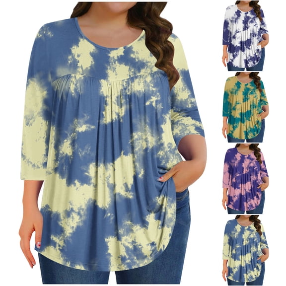 RongHuan Plus Size Tie Dye Shirt for Women Round Neck 3/4 Sleeve Tshirt Fashion Color Block Blouse