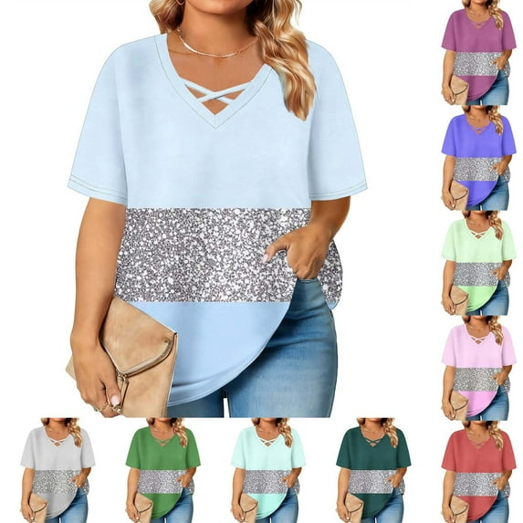 RongHuan Plus Size Tops for Women Short Sleeve Summer Tshirt Color Block V Neck Tee Loose Fit Pullover Blouse