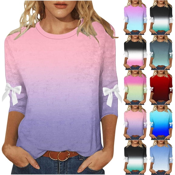 RongHuan Plus Size Women 3/4 Sleeve Shirts Loose Fit Casual Crew Neck Tee Top Fashion Dressy Gradient Color Blouse