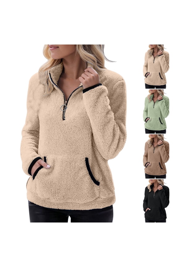 Quarter Zip Pullover Women Winter Warm Sherpa Fuzzy Fleece Pullover Casual Long Sleeve Fluffy Soft Sweaters Jacket