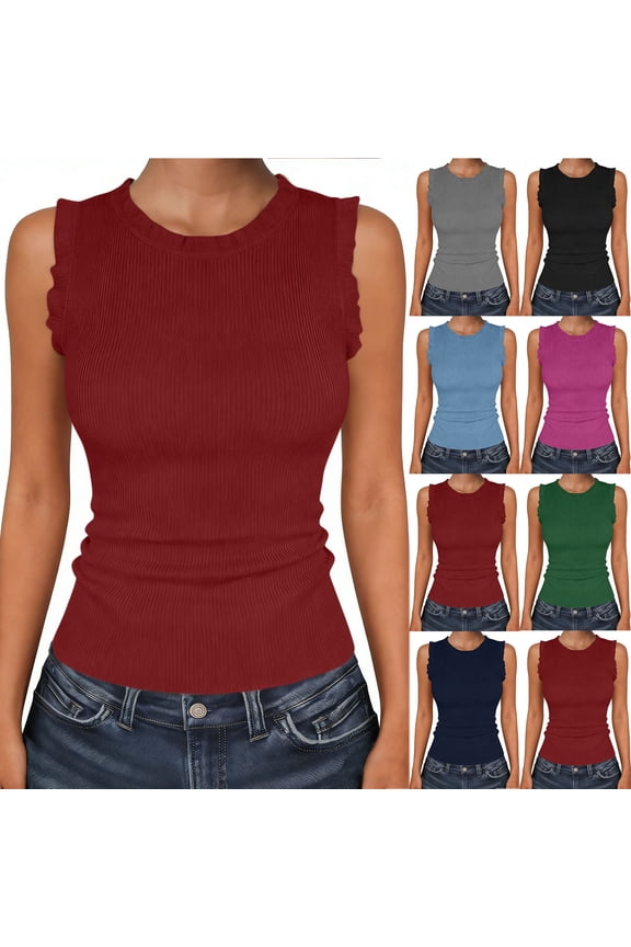 Ribbed Tank Tops for Women Crew Neck Ruffle Sweater Vest Cute Sleeveless Shirts Summer Business Casual Outfits