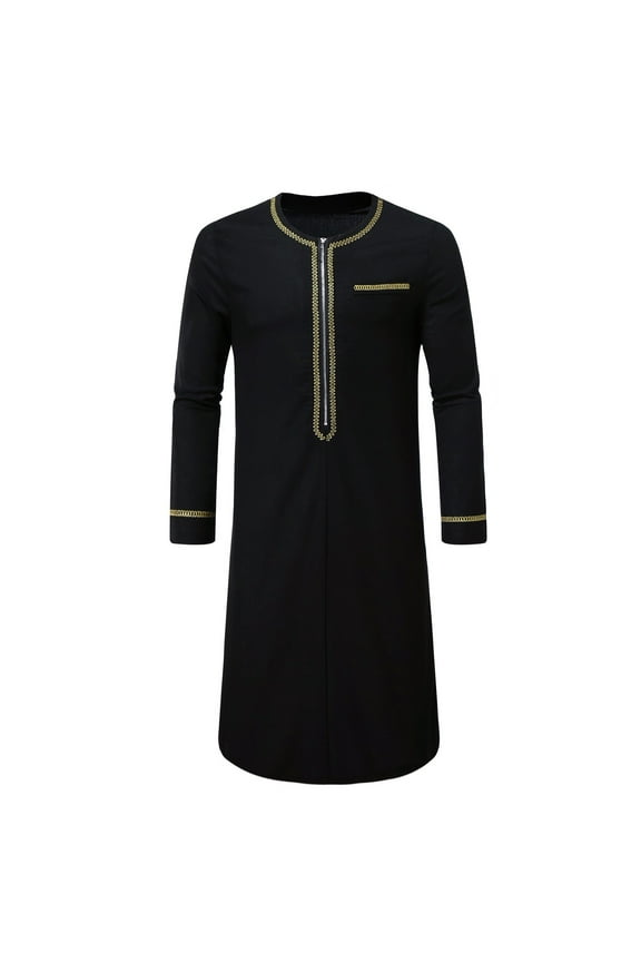 Robe for Men Muslim Clothing Kaftan Embroidered Casual Night Shirts Soild Color Long Sleeve Pajama Shirt