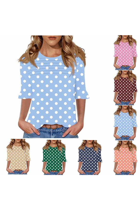 Shirts for Women Fashion Crewneck T-Shirt Polka Dots Blouses Casual Loose Short Sleeve Tops