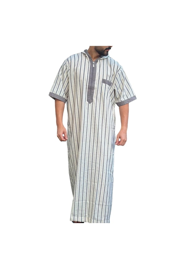 Striped Kaftan Thobe Mens Short Sleeve Hooded Zip-up Muslim Robe Casual Loose Lightweight Long Gown